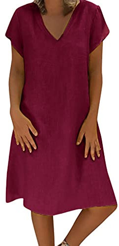 Leinenkleid Damen Sommer - Sommerkleid Damen Knielang -T Shirt Kleid Damen Große Größen Lässiges Lockeres Blusenkleid V Ausschnitt Baumwolle Leinen Einfarbige Vintage Kleider Freizeitkleid Shirtkleid
