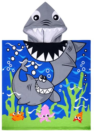 Kinder Strandtuch Kapuze Strand Badetuch Weiche Mikrofaser Badetücher Badehandtuch Swim Pool Cover-up Cape 24 x 24 Zoll/29.5 x 29.5 Zoll Hai für Jungen und Grills (Grüner Hai, 29.5 x 29.5)