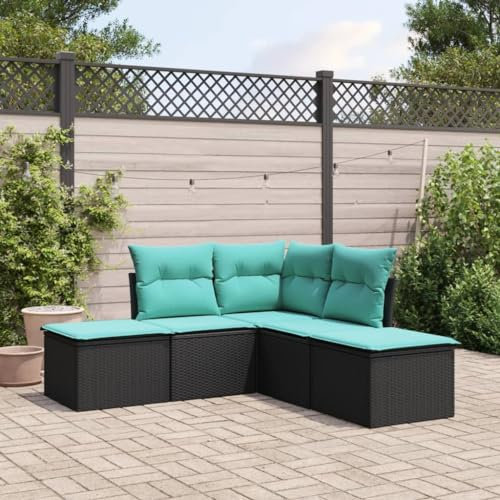 ULUYYUC 5-TLG. Garten-Sofagarnitur, Fußhocker Ecksofa Eckbankgruppe Schlafsessel Mit Bettfunktion Geeignet für Hinterhof Garten Balkon Außenbereich mit Kissen Schwarz Poly Rattan