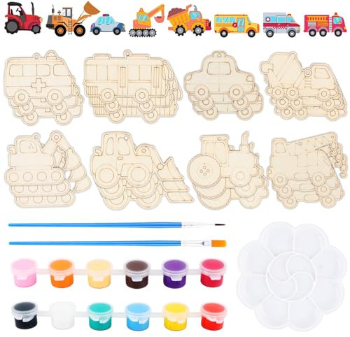 Auto Holz Bastelset für Kinder 29 Stück Basteln Kindergeburtstag Holz Auto Basteln mit Farben und Pinseln, DIY Auto Bastelset Kinder 4+ jahre (Baufahrzeug)