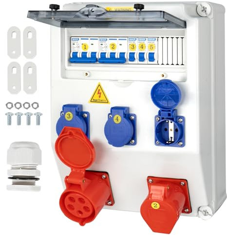 CHENGPI Baustromverteiler,IP65 Wasserdicht Stromverteiler mit Leitungsschutzschalter, Wandverteiler mit IP54 230V/16A Schuko Steckdose und 380V/32A CEE Steckdose,Starkstrom Verteiler,Socket Box