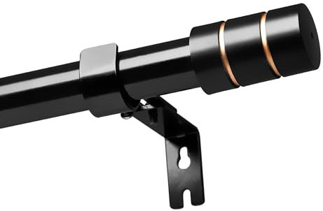 25mm Gardinenstange Schwarz für Fenster, Vorhangstange aus Metall mit Verstellbaren Halterungen und Schwarz-Goldenen Endkappen,66-144cm Längenverstellbare Gardinenstange