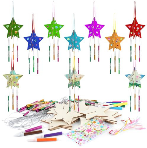 dsDAEDK 10 Stück Stern Windspiel Bastelset für Kinder, 3D-Holz-Basteln, kreatives Malen für Kindergeburtstage und Wohnkultur