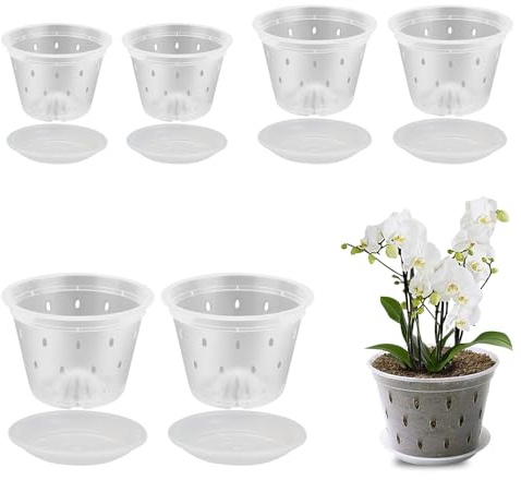 HIULLEN Clear Orchid Pot, 6pcs Plastic Plant Pots, Slotted Orchids Planter, Transparent Nursery Flower Pots, with Drainage Hole and Tray, 10cm 14.5cm 16cm for Orchids, Succulents, Houseplants