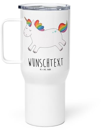Mr. & Mrs. Panda Personalisierter XXL Thermobecher Einhorn Happy - Personalisierte Geschenke, Fröhlich, Lachen, Einhörner, PersonalisierteXL Reisetasse, Unicorn, XL, Reisebecher, Freude