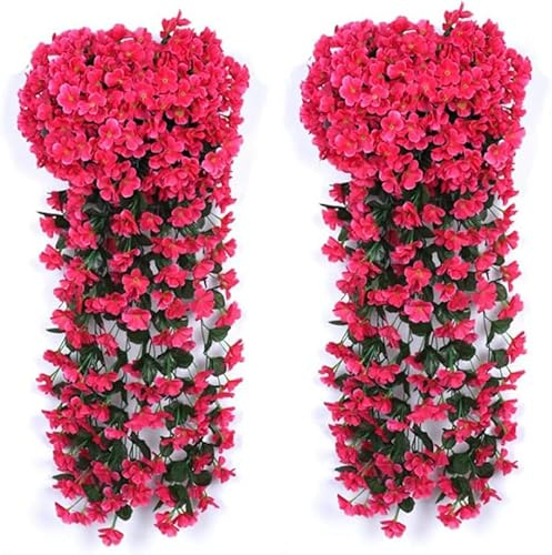 2 Stück Hängenden Künstlich Veilchen,Künstliche Blumen Veilchen Girlande Kranz, Simulation Silk Blume Rattan für Ihr Zuhause, Hochzeiten, Garten, Zur Dekoration (Rot)