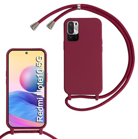 TQmchun Coque Compatible avec Redmi Note 10 5G, Réglable Lanyard Case TPU Anti-Choc Silicone Liquide Souple Étui avec Cordon Doux Portable Protection Cover,Rouge
