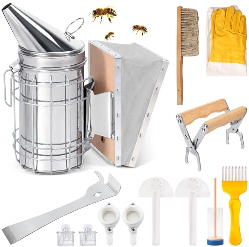 Edelstahl Bee Hive Smoker, 13-Teiliges Imker Zubehör Set, Entdeckelungsgabel, Imker Werkzeug Zange, Imkerei Schaber Ausrüstung, Smoker Für Bienen (A01)