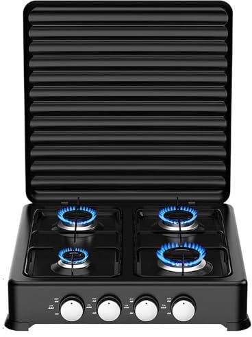 Estufa de camping portátil de 4 quemadores con tapa segura, encendido automático, control de temperatura ajustable para cocinar al aire libre