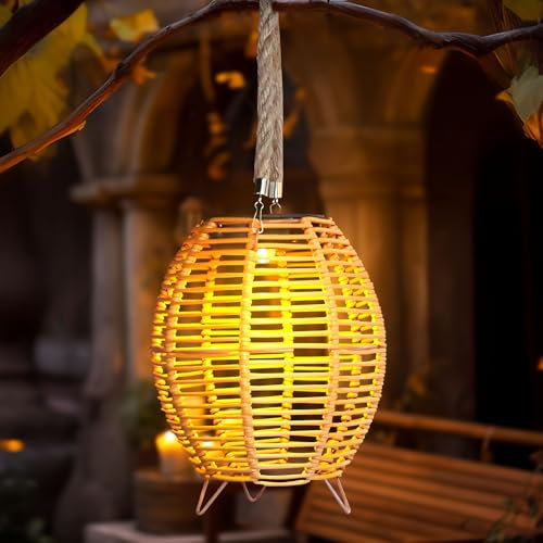Gartendeko Solar Laternen für Draußen, Solarlampen für Außen Stehend, Solarlaterne Außen Wetterfest Mit Drei Fußständen, Rattan -Flecht Gartenlaterne für Draußen (A)