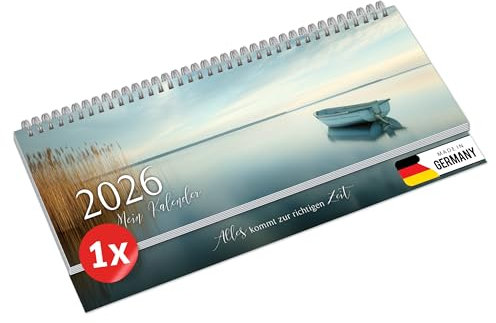 PRIMUS PRINT Tischkalender 2026 Quer Wochenkalender – 64 Seiten Terminkalender und Jahreskalender – 297x130mm – 75g Naturpapier, Drahtkammbindung, Feiertage und Schulferien - [Einzeln - Boot]