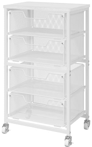 4-Drawer Rolling Storage Cart, Utility Cart with Drawers, White Metal Organizer with Wheels and Wooden Top, Storage Organizer for Supplies