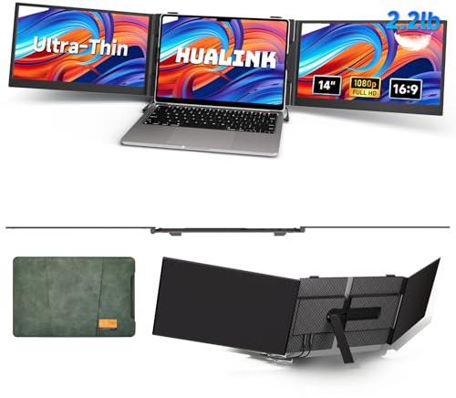 hualink 14 Triple Laptop Screen Extender - Ultra Thin & Lightweight Portable Monitor For Laptop, FHD 1080P Travel Display 13-17 Laptops, Plug & Play USB-C/HDMI, Aluminum Extended Screen for Mac/Win