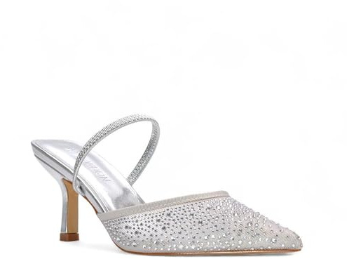 ESSEX GLAM Women's Stiletto Heel Court Shoes Ladies Mesh Rhinestones Party Wedding Bridal Slingback Close Toe Pumps Size 3-8