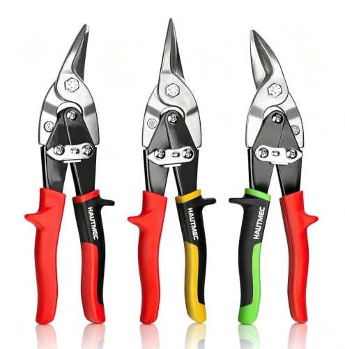 HAUTMEC 3 Pcs Aviation Tin Snips for Cutting Metal Sheet, Heavy-Duty CR-V Metal Shears, 10 Sheet Metal Cutter Tools with Safety Lock & Ergonomic Grip for Straight, Left & Right Cuts – HTSSM25063