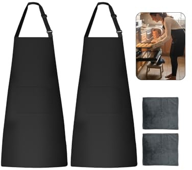 2 Stück Schürze Kochschürze Schwarz für Damen und Herren, Wasserdichte Schürzen mit 2x Taschen 2x Lappen, Verstellbarem Nackenband für Kochen Malen Grillen Kaffeekochen Backen Gärtnern Hausarbeiten