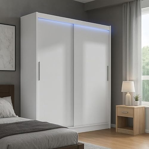 Agritrade AK BEGA I 180 Sliding Wardrobe with Hanging Rail and Shelves White with LED Lights