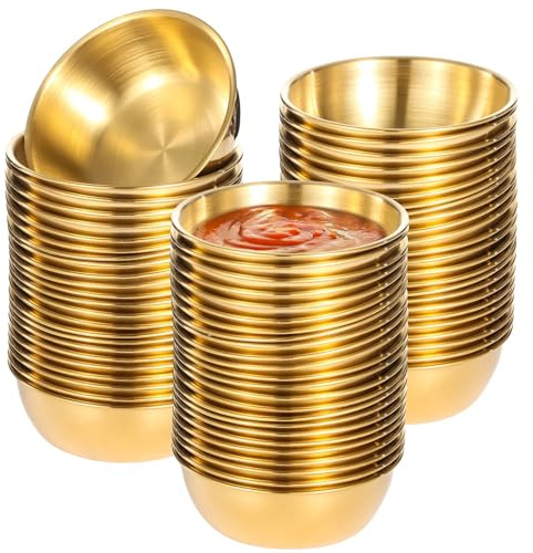 SWEWARM 50 Pcs Stainless Steel Dipping Sauce Cups, 3.3 x 1.2 in Gold Metal Sauce Bowls, Stackable Sauce Ramekins, Reusable Prep Appetizer Plates for Home, Kitchen