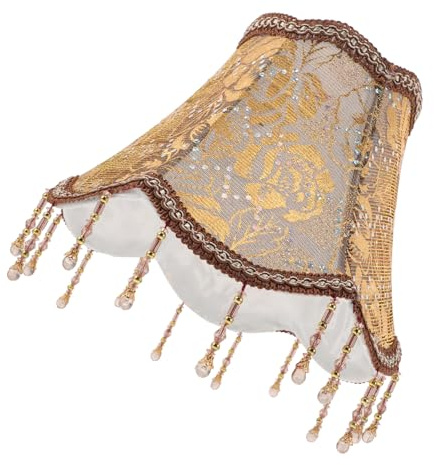 Selbstgemacht Stoff Lampenschirm 26x26x23cm Gold mit Quaste und Perlen | Vintage, Europäisch, Weich Lichtend, für Küche und Wohnraum, Dekorativ und Vielseitig