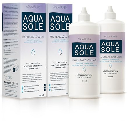 AQUA SOLE Kochsalzlösung 0,9% Natriumchlorid, Kontaktlinsen Lösung zum sanften Spülen und Benetzen, geeignet zur Auflösung von Enzymtabletten, ideal für empfindliche Augen (2x350ml)