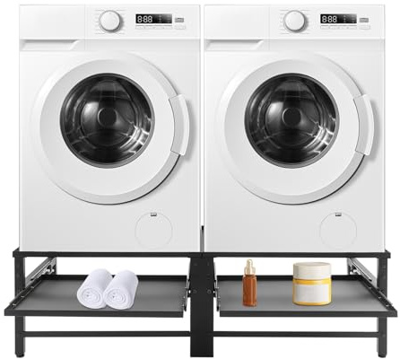 Waschmaschinensockel, Doppel Waschmaschinen-Untergestell mit 2 ausziehbaren Ablagen, Unterschrank Waschmaschinen Sockel Trockner Untergestell,Schwarz (Schwarz)