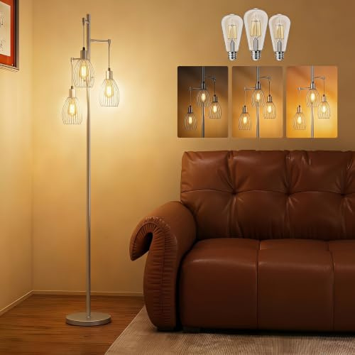 HOMCOM 3-Light Floor Lamp, 170cm Dimmable, 2700K, 3 Bulbs Included, Silver | Industrial Standing Lamp, Steel Wire Cage Lampshades, Living Room, Bedroom, Dining Room, Study