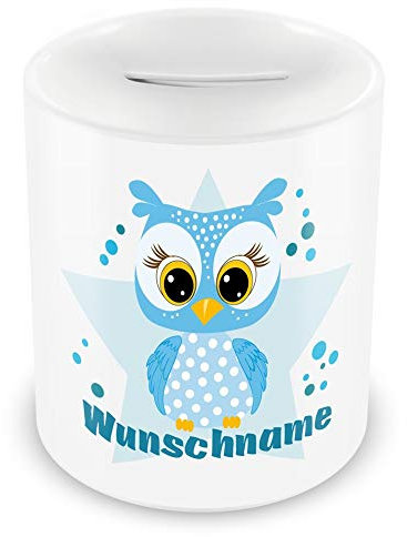 Samunshi® Kinder Spardose mit Namen und Blaue Eule als Motiv für Kinder - Jungen und Mädchen Sparschwein weiß