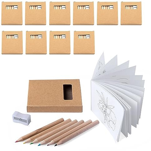PARTITUKI 10 Schachteln mit 6 Mini-Buntstiften, 1 Mini-Malbuch und 1 Bleistiftspitzer. Insgesamt: 60 Mini-Bleistifte, 10 Mini-Kinderbücher und 10 Bleistiftspitzer