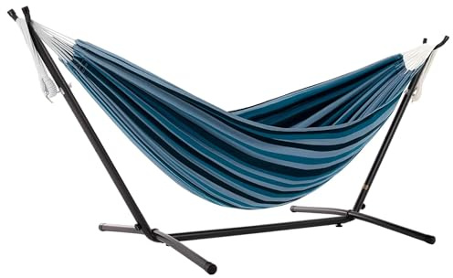 Vivere Double Cotton Hammock, Space Saving Steel Stand, Blue Lagoon, 9 Ft