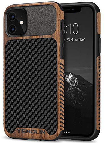 TENDLIN Compatible with iPhone 11 Case Wood Grain with Carbon Fiber Texture Design Leather Hybrid Case Black