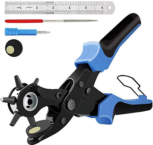 Lochzange für Leder und Gürtel, drehbarer Kopf mit 6 austauschbaren Löchern für Leder, Gürtel, Taschen, Armbänder für Uhren, Sattel, Schuhe, Papier