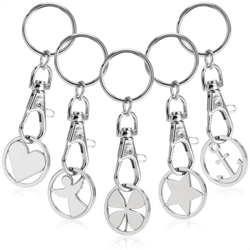 com-four® 5x Schlüsselanhänger aus Metall mit Karabinerhaken und Einkaufswagenchip, abnehmbarer Einkaufschip als Glücksbringer für den Schlüsselbund (05 Stück - Symbole)