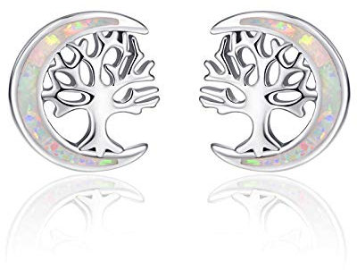 Baum des Lebens Ohrringe für Frauen 925 Sterling Silber Ohrstecker Schmuck Valentinstag Geschenke für ihre Mädchen Freundin Damen Mutter (Weißopal)