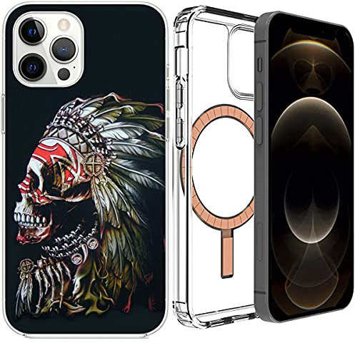 Mixroom - Case for iPhone 12 PRO with Magnetic Circle Compatible with MagSafe Power Supply Indian Skull with Feathers 748