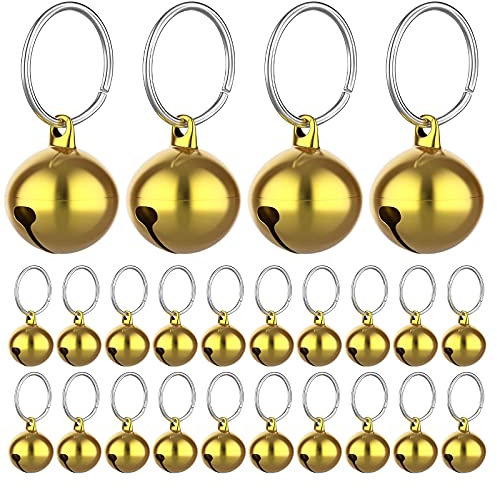Molain 24 Stück Katzen Metallglocken mit Schlüsselring Hundehalsband Glocke Chrom Training Jingle Bell Halsband Anhänger Haustierzubehör Festival Party DIY Glocken (Gold)