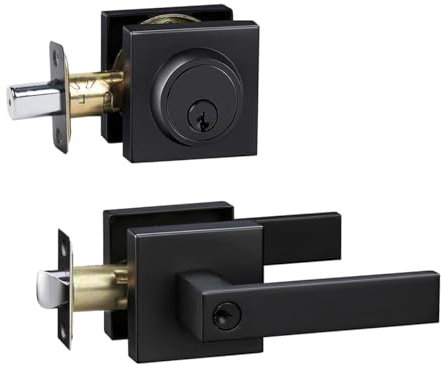 Serrature a leva d'ingresso con catenaccio, moderna maniglia quadrata esterna per porta anteriore e cilindro singolo (nero opaco, catenaccio e leva)