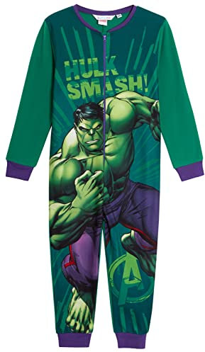 Marvel The Incredible Hulk Tutina per Ragazzi Pigiama in Pile All In One Pigiama Bambini Pjs Zip Nightwear Loungewear, Verde, 7-8 Years