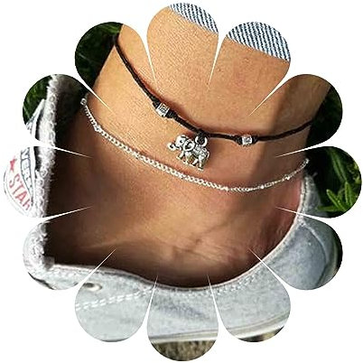 Yheakne Boho Geschichteten Elefanten Knöchel Armband Silber Satellit Fußkettchen Armband Retro Schwarz Seil Fußkettchen Kette Personlized Fuß Kette Schmuck Für Frauen Und Mädchen Geschenke (Elefant)