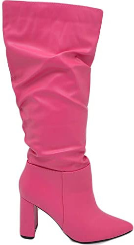 Stivali Donna Alti in Ecopelle Fucsia al Ginocchio a Punta Arricciati con Zip Tacco Doppio 10 Evergreen (37 EU)