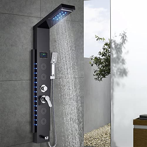 Colonne De Douche Hydromassante Avec 4 Jets De Massage Affichage Led De La Température De L'Eau,Système De Douche Avec Bec De Baignoire Et Douchette à Main