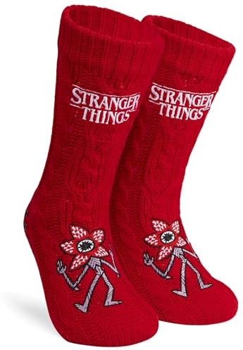Stranger Things Kuschelsocken Damen Teenager Größe 35–41, Weich Flauschig Rutschfest mit ABS-Noppen, Warme Geschenke für Frauen (Rot)