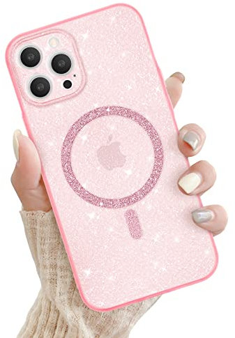 Newseego Glitter Clear iPhone 12 Pro Max Case for Girl Women[Compatible for MagSafe], Magnetic Phone Case Cute Sparkly Bling Slim Shockproof Camera Protection Bumper Cover for iPhone 12 Pro Max-Pink