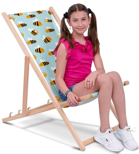 DreamRoots Kinder Liegestuhl Holz Gr. M, Bee Life | Klappbarer Campingstuhl faltbar, für Garten & Strand, bis 130 kg, waschbarer Bezug, 100% Polyester, UV-beständig, Kinderliege