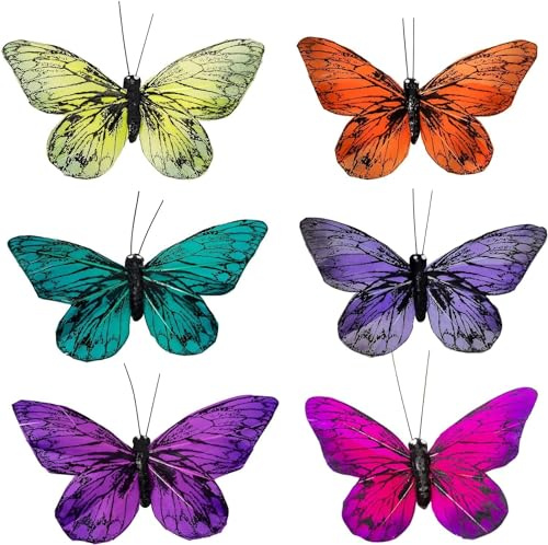 YCHTEWY Feather Fake Butterfly for Craft Decoration Set of 12 with Wire Wedding Home Flower Pot Christmas Party Spring Home Decor Floral