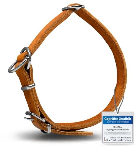 Rund & Weich Zugstopp Hundehalsband, Cognac, XXL - 65cm Lederhalsband mit Zugbegrenzung und Verstellbarer Schnalle, Dressurhalsung, Zugstopper, robust, Rindsleder