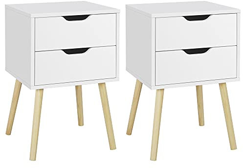 Yaheetech 2pcs Bedside Tables, Nightstand Cabinet Unit with 2 Drawers Storage, Set of 2 Modern Sofa Side End Table Lamp Table with Solid Pine Wood Legs for Living Room/Bedroom, 40 x 40 x 61cm, White