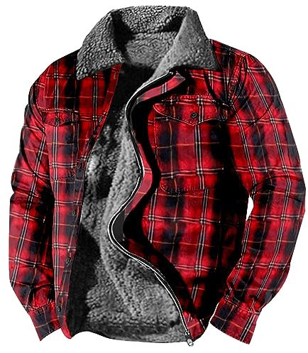 Jacket Men Holzfäller Jacke Herren Regen Jacke. Herren Kariertes Druck Fleecefutter Übergangsjacke Mit Taschen Winterjacke Mit Reißverschluss Puffer Jacke (Rot, L)