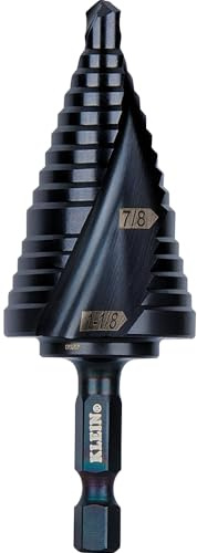 Klein Tools QRST11 Step Drill Bit, Quick Release Spiral Double-Fluted, 7/8 to 1-1/8-Inch, Hex Shank, Cut Steel, Wood, Plastic, Aluminum