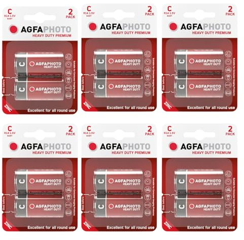 AgfaPhoto C Batteries 12 Pack - Heavy Duty Premium Zinc Carbon disposable Size C battery 1.5v For Low drain devices | toys | fairy lights | remotes | Flashlights | Clocks | Home or Office Use |