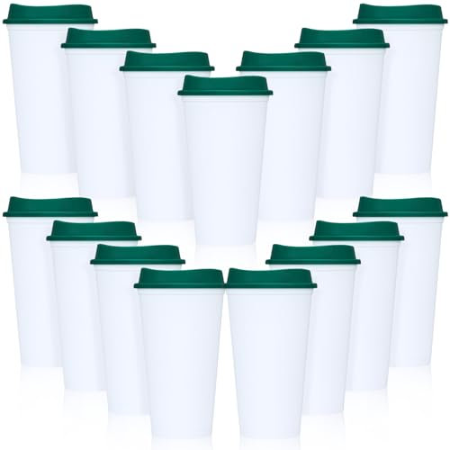 Domensi 15 Pack Reusable Coffee Cups with Lids 16 oz Disposable Travel Cups Bulk Plastic to Go Coffee Tumblers for DIY Hot Cold Drink Party Favors Coworker, Microwaveable (White with Green Lid)